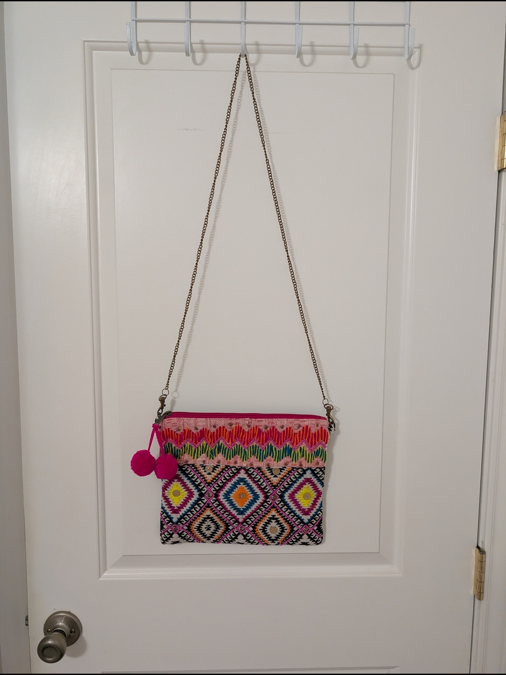 Fabulous MJ New York Boho Embroidered Crossbody Bag Pom Pom Beaded